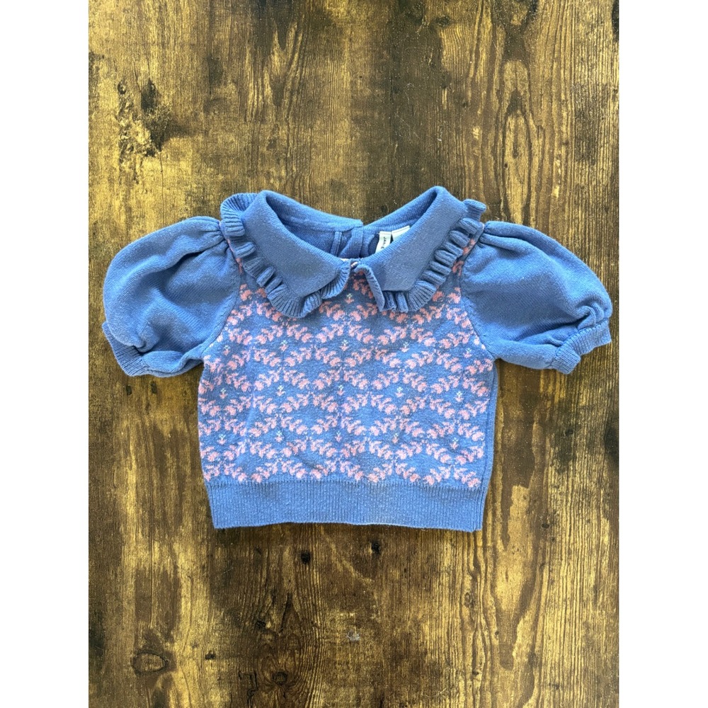 Janie and Jack Girls Blue Pink Floral Ruffle Peter Pan Collar Sweater Top 2T